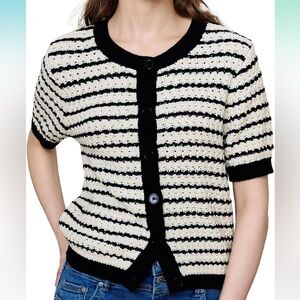 Black & ivory white striped knit crochet short sleeve button cardigan top